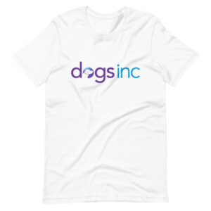 A white unisex t-shirt with the Dogs Inc logo centered in purple and blue.