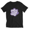 A black v-neck t-shirt with 'Love is a Four Legged Word" text inside a purple paw print graphic.