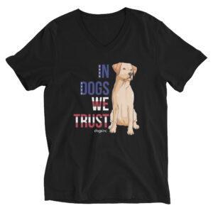A black v-neck t-shirt with a dog graphic and 'In Dogs We Trust' text in red, white, and blue.