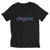 A black v-neck t-shirt with the Dogs Inc logo centered in purple and blue.