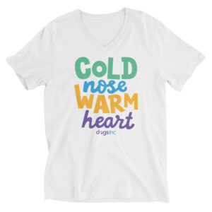 A white v-neck t-shirt with 'Cold Nose Warm Heart' graphic text in green, blue, yellow, and purple.