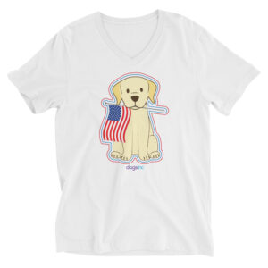A white v-neck t-shirt with a graphic of a dog that holds an American flag in its mouth.