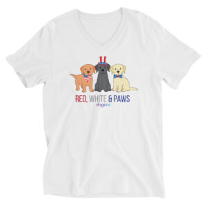A white v-neck t-shirt with a graphic of three dogs and 'Red, White & Paws' text in red, white, and blue.