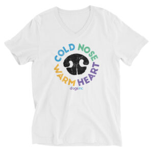 A white v-neck t-shirt with a black nose print graphic and 'Cold Nose Warm Heart' text in blue, green, yellow, and purple.