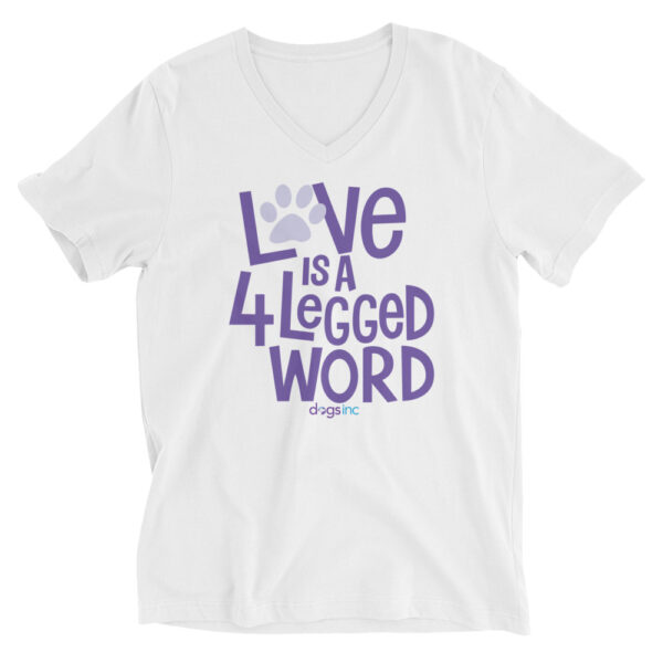 A white v-neck t-shirt with 'Love is a 4 Legged Word' graphic text in purple.