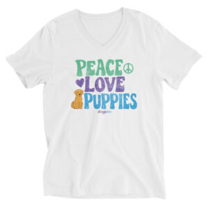 A white v-neck t-shirt with a dog graphic and 'Peace Love Puppies' text in green, purple, and blue.