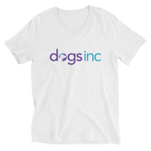 A white v-neck t-shirt with the Dogs Inc logo centered in purple and blue.