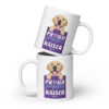A white coffee mug with a dog graphic and 'Proud Puppy Raiser' text in a purple box.