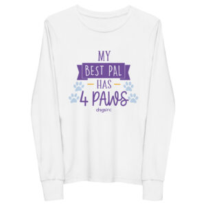 A white youth long sleeve t-shirt with 'My Best Pal Has 4 Paws' text in purple.