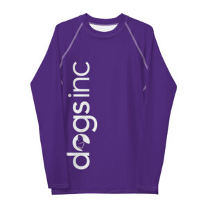 A women's dark purple rash guard with the Dogs Inc logo printed down the right side in white.