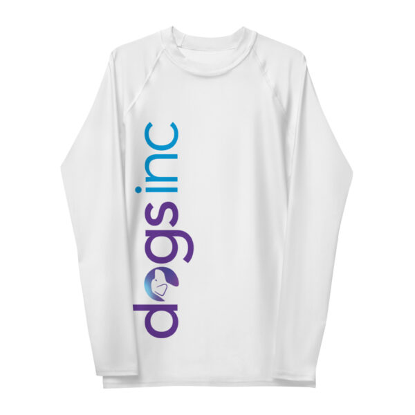 A men's white rash guard with the Dogs Inc logo printed down the right side in purple and blue.