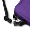 The buckle on the strap of a purple utility crossbody bag.