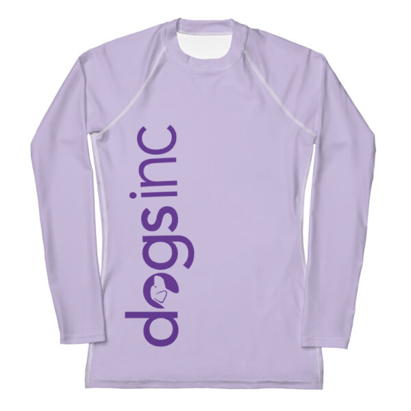 A women's light purple rash guard with the Dogs Inc logo printed down the right side in dark purple.