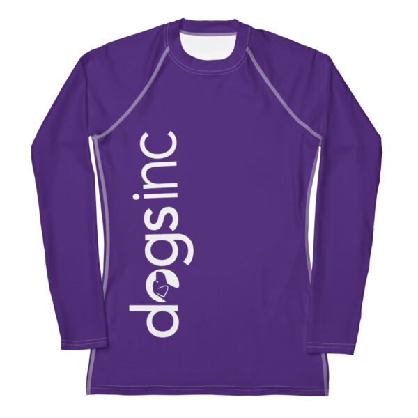 A women's dark purple rash guard with the Dogs Inc logo printed down the right side in white.