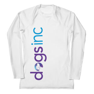 A women's white rash guard with the Dogs Inc logo printed down the right side in purple and blue.