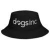 A black bucket hat with the Dogs Inc logo embroidered in the center in gray.