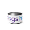 A white aluminum dog bowl with the Dogs Inc logo across the front.