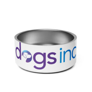 A white aluminum dog bowl with the Dogs Inc logo across the front.
