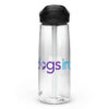 A clear water bottle with the Dogs Inc logo in purple and blue.