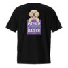 The back of a black unisex t-shirt with a dog graphic and 'Proud Puppy Raiser' text in a purple box on the back.