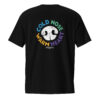 The back of a black unisex t-shirt with a white nose print graphic and 'Cold Nose Warm Heart' text in blue, green, yellow, and purple.