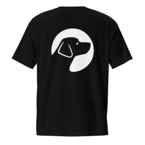 The back of a black unisex t-shirt with a Dogs Inc logo mark in white.