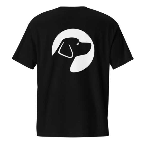 The back of a black unisex t-shirt with a Dogs Inc logo mark in white.