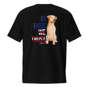 The back of a black unisex t-shirt with a dog graphic and 'In Dogs We Trust' text in red, white, and blue.