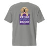The back of a gray unisex t-shirt with a dog graphic and 'Proud Puppy Raiser' text in a purple box on the back.