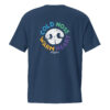 The back of a navy unisex t-shirt with a white nose print graphic and 'Cold Nose Warm Heart' text in blue, green, yellow, and purple.
