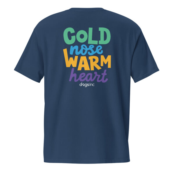 The back of a navy unisex t-shirt with 'Cold Nose Warm Heart' graphic text in green, blue, yellow, and purple.