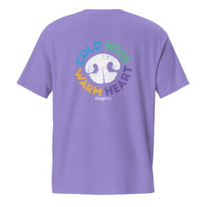 The back of a violet unisex t-shirt with a white nose print graphic and 'Cold Nose Warm Heart' text in blue, green, yellow, and purple.