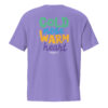 The back of a violet unisex t-shirt with 'Cold Nose Warm Heart' graphic text in green, blue, yellow, and purple.