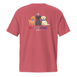 The back of a red unisex t-shirt with a graphic of three dogs and 'Red, White & Paws' text in red, white, and blue.