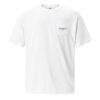 A white unisex t-shirt with a Dogs Inc logo in purple and blue on the front pocket.