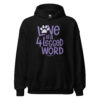 A black sweatshirt with 'Love is a 4 Legged Word' graphic text in purple.