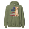 An army green sweatshirt with a dog graphic and 'In Dogs We Trust' text in red, white, and blue.