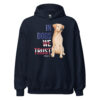 A navy sweatshirt with a dog graphic and 'In Dogs We Trust' text in red, white, and blue.