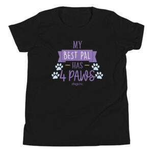 A black youth t-shirt with 'My Best Pal Has 4 Paws' text in purple.