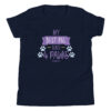 A navy youth t-shirt with 'My Best Pal Has 4 Paws' text in purple.