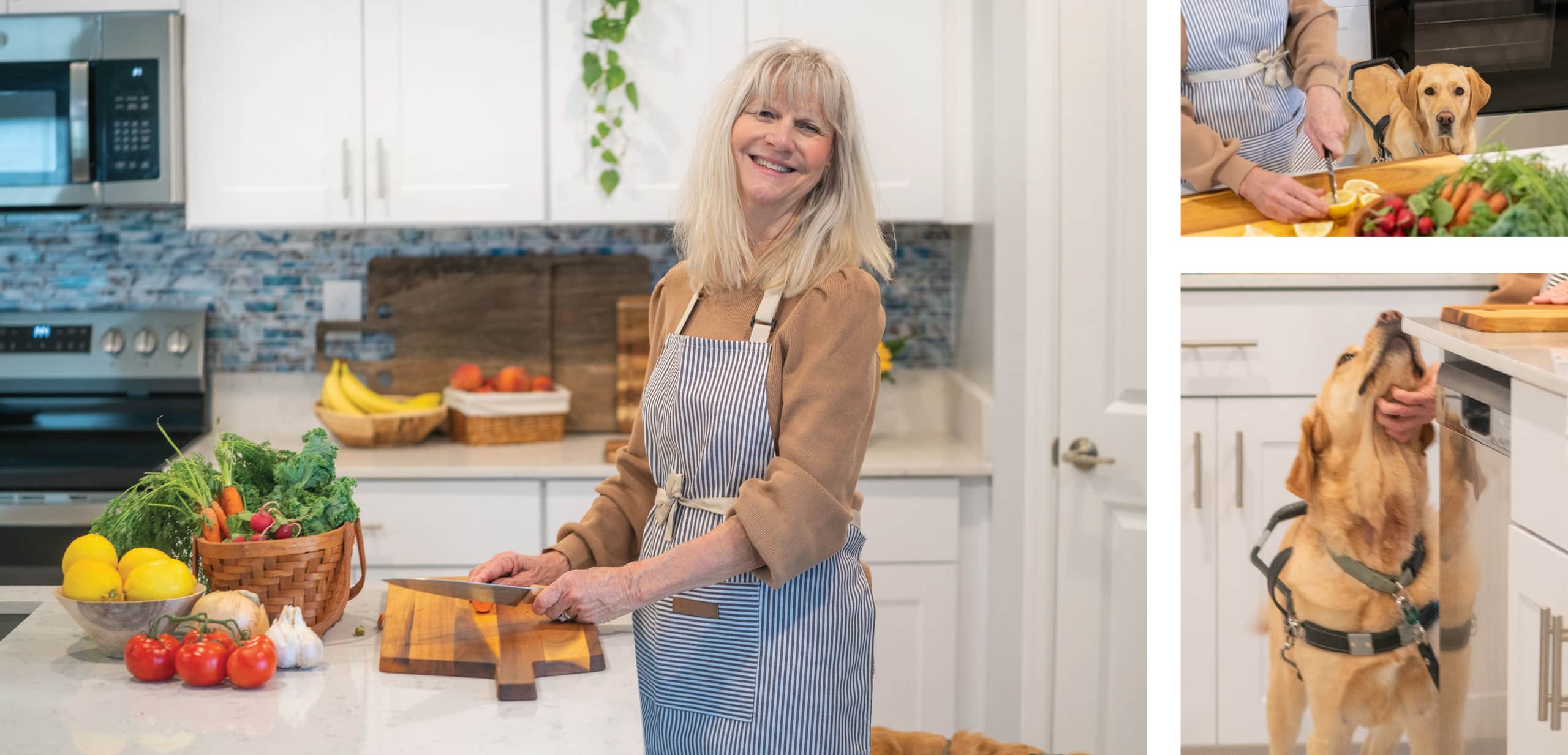 A collage shows three photos. A blonde woman stands next to a kitchen island with a marble countertop. She holds a knife above a tomato that sits on a wooden cutting board. There are brightly colored vegetables on the countertop. A yellow Labrador guide dog in harness stands next to her as she cuts lemons.