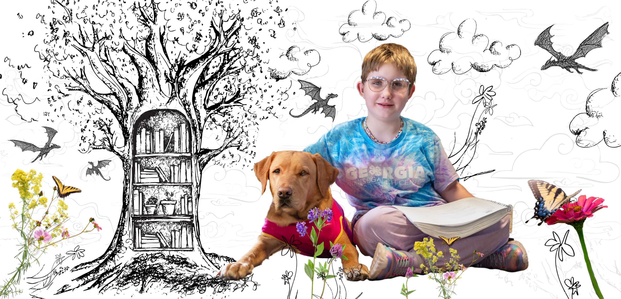 A young girl wears a blue tie-dye shirt and sits with a red Labrador skilled companion dog. The background is a black and white sketch illustration of a tree with bookshelf full of books in it and dragons in the sky.