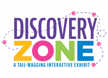 Purple text reads Discovery. Yellow, pink, green, and blue text reads Zone. Blue text reads A Tail-Wagging Interactive Exhibit.