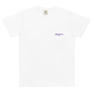 A white pocket crew neck t shirt that reads "dogsinc" in purple text on the pocket
