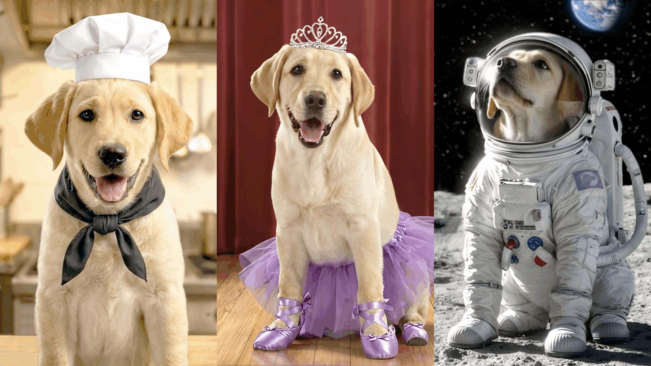 A yellow Labrador puppy wears a chef's hat, a ballet outfit, and an astronaut space suit.