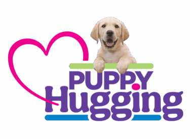 An image of a yellow Labrador puppy. The puppy's paws hang off of a design that reads "Puppy Hugging" in purple and pink font.