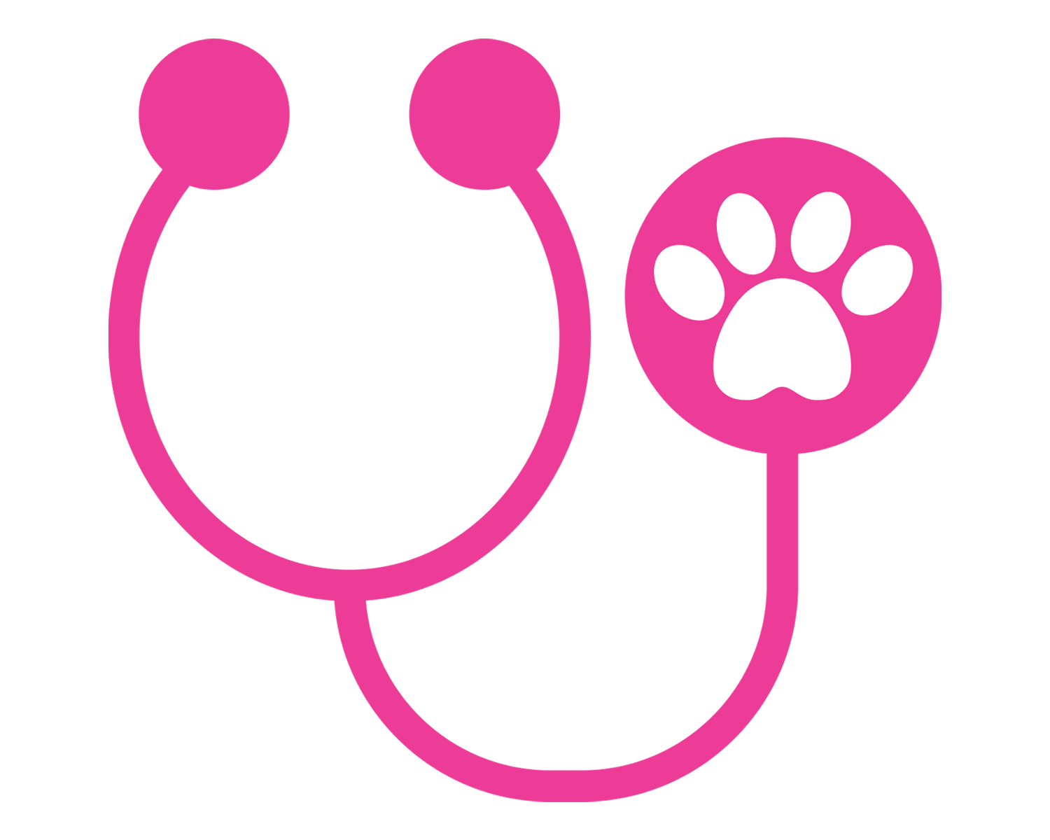 Pink stethoscope icon with a paw print symbol, representing vet care services.