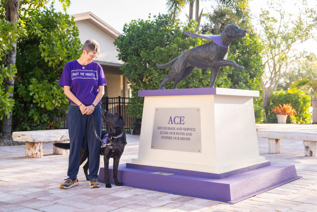A woman and a Black Lab in a purple "Dogs Inc Service Dog" vest exchange a look of affection outside Dogs Inc campus while standing next to a statue of a dog named Ace who wears a purple cape .