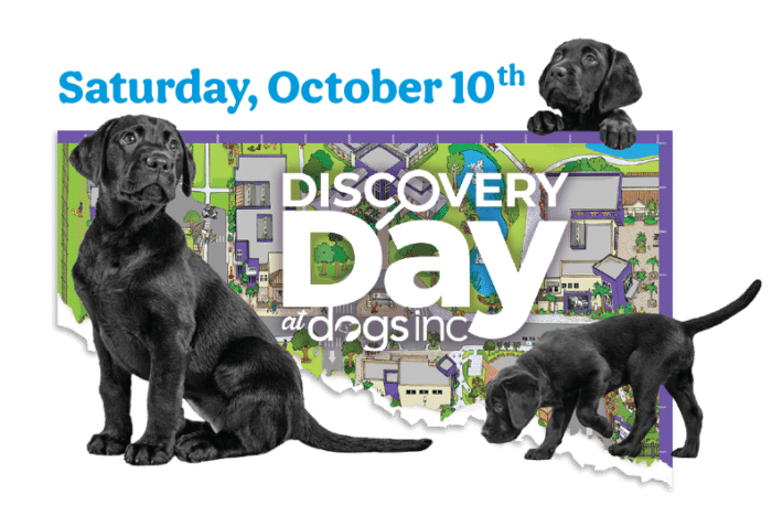 A promotional transparent PNG image for "Discover Day at Dogs Inc" featuring three black labs, the date of the event (Saturday, October 10th), and an illustrated birds-eye-view map of Dogs Inc campus.