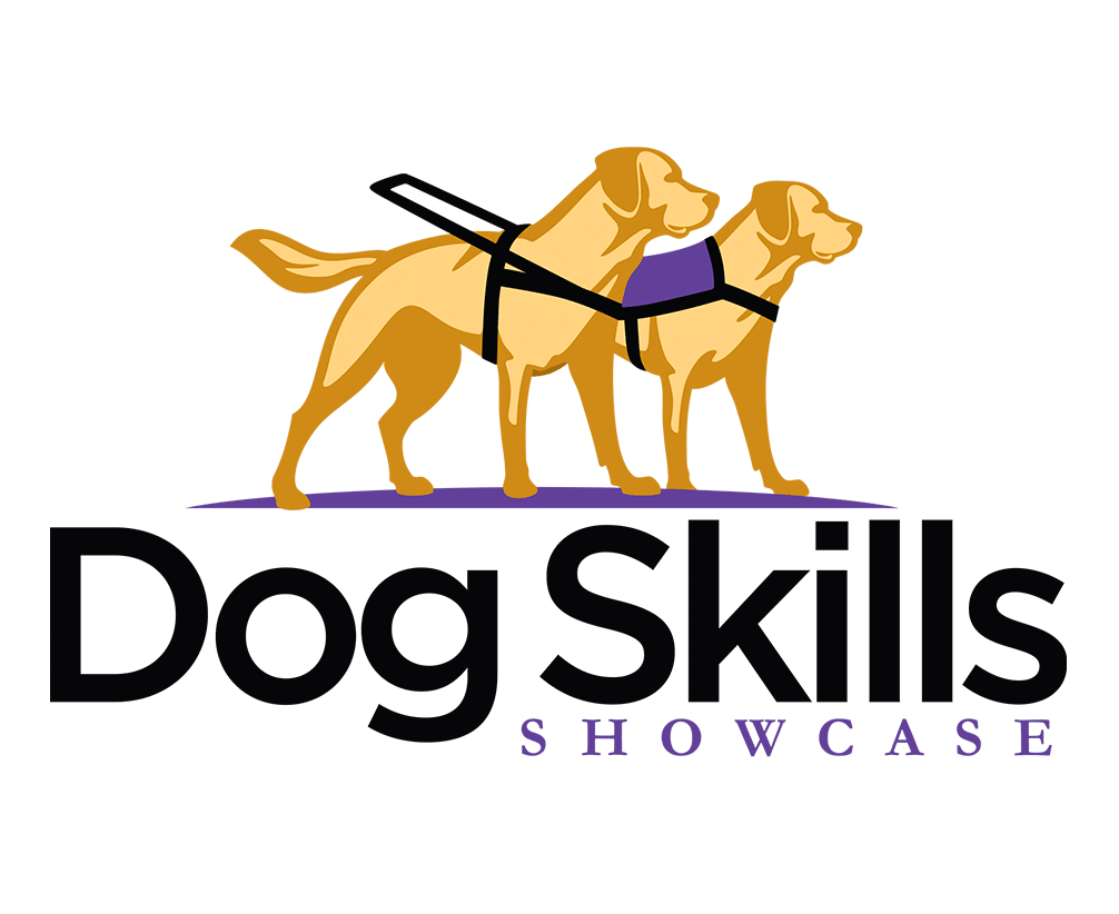 A logo for "Dog Skills Showcase" featuring an illustration of a bold pair of Labrador Retrievers; one wearing a guide dog vest while the other sports a purple service dog vest.